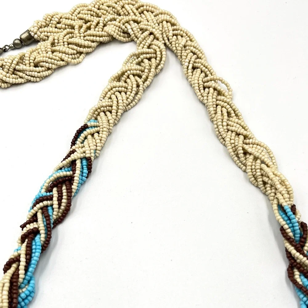 Vintage Multi-Strand Braided Seed Bead Necklace Cream Blue Brown Boho Retro - Picture 8 of 15